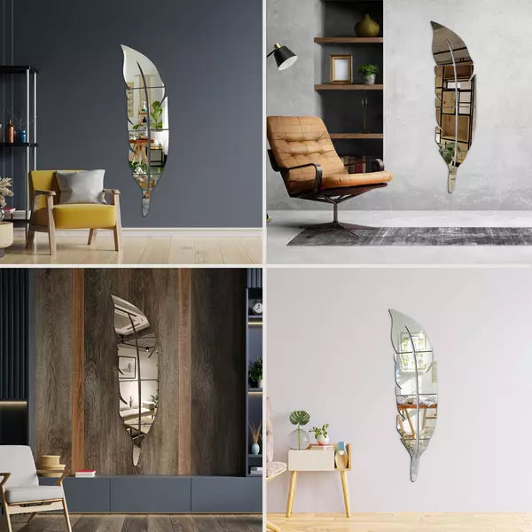 Silver feather acrylic mirror on teal wall with furniture