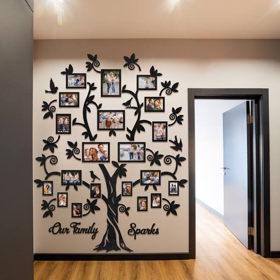 Large family tree wall decor with photo frames in hallway