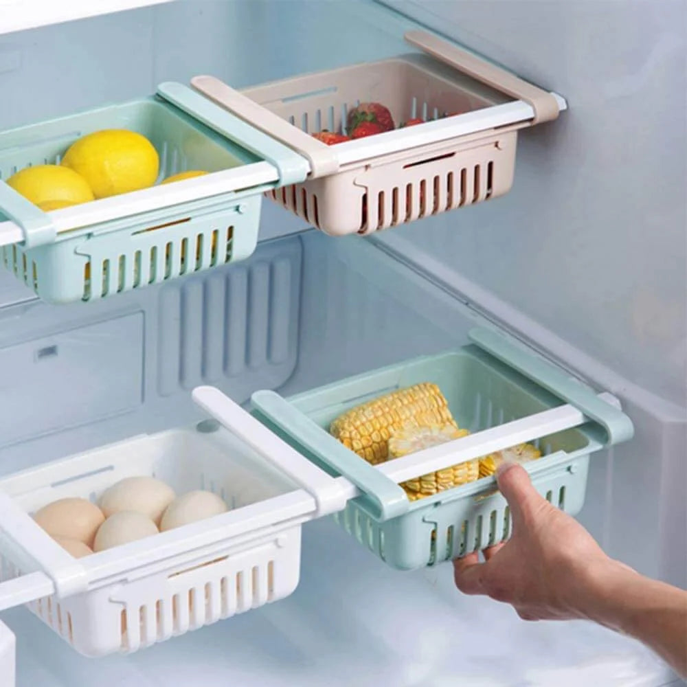 Fridge baskets in use storing eggs, corn, and lemons