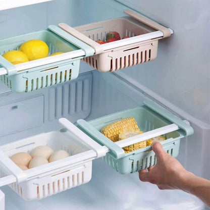Fridge baskets in use storing eggs, corn, and lemons