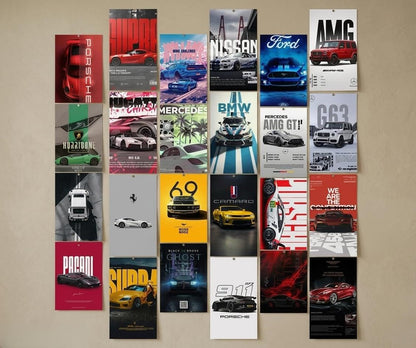 Cars aesthetic poster cards displayed on wall