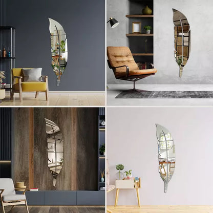 Silver feather acrylic mirror on teal wall with furniture