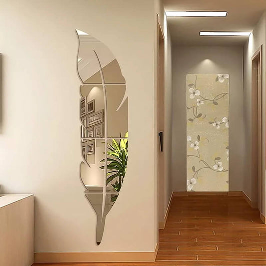 Feather mirror in modern living room with yellow armchair
