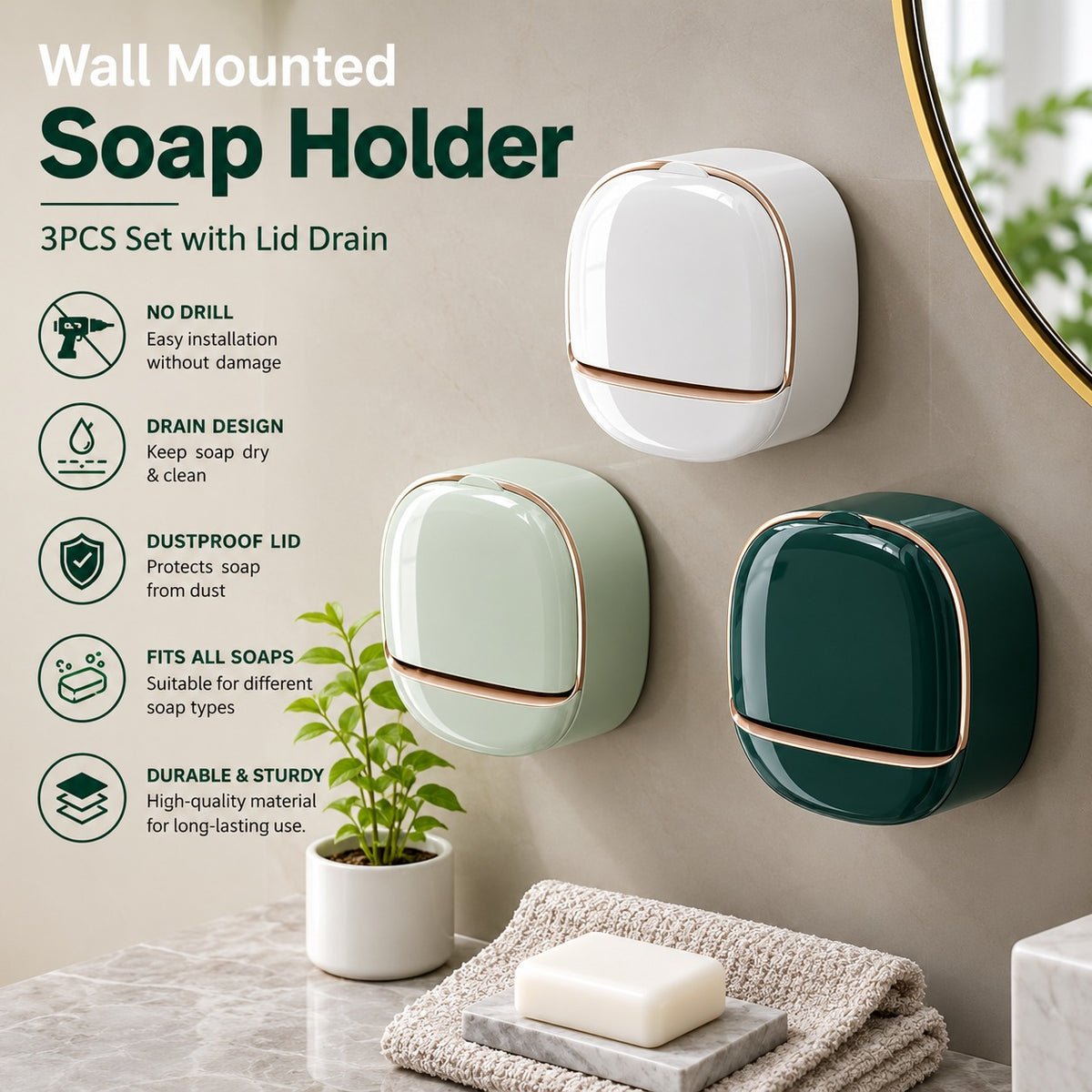 Wall Mounted Soap Holder – 3PCS Set with Lid Drain