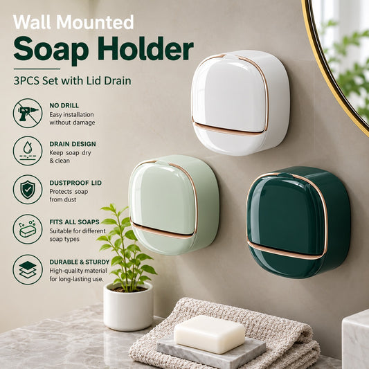 Wall Mounted Soap Holder – 3PCS Set with Lid Drain
